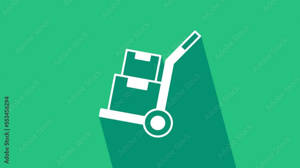 White Hand truck and boxes icon isolated on green background. Dolly symbol. 4K Video motion graphic animation White Hand truck and boxes icon isolated on green background. Dolly symbol. 4K Video motion graphic animation
