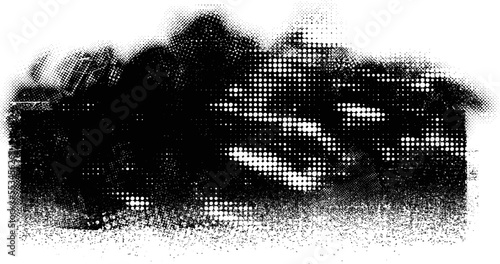 Glitch distorted geometric shape . Noise destroyed logo . Trendy defect error shapes . Glitched frame .Grunge textured . Distressed effect .Vector shapes with a halftone dots screen print texture.