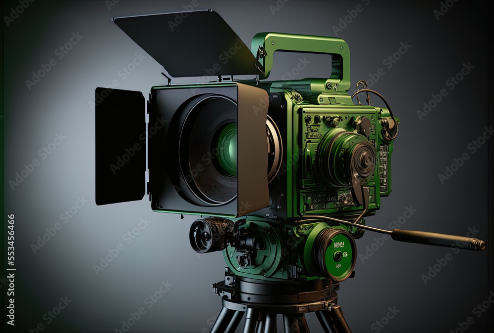 In a studio, a professional video camera with green chromakey is ...