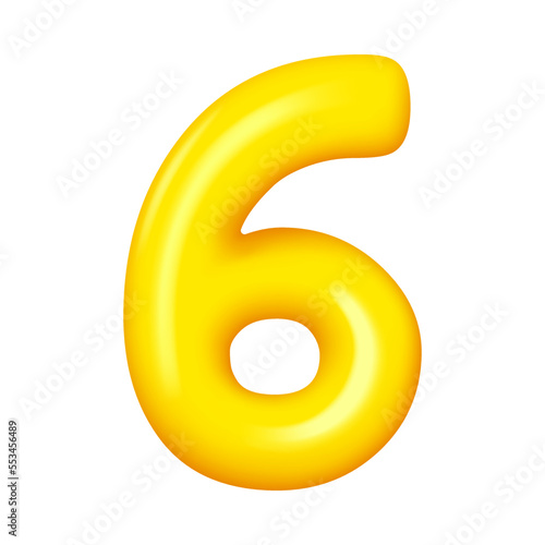 Number six numeral, sixth yellow glossy balloon. Vector 6th anniversary celebration symbol, numeral for advertising and promotion banner, greeting cards design element. 6 digit sign