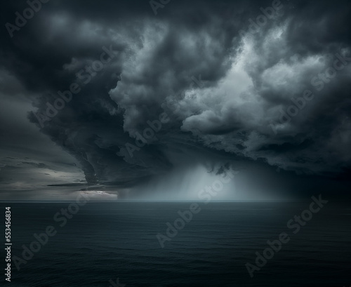 storm clouds and rain with dark sky over sea