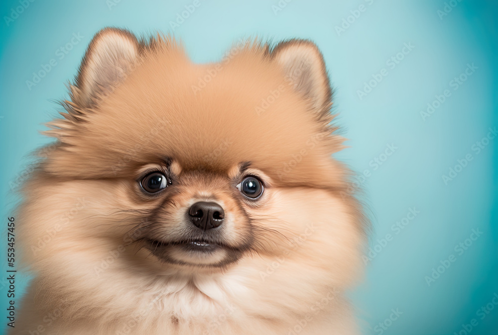 Cute pomeranian puppy in portrait mode focusing on the camera, isolated on a pastel blue background. Generative AI