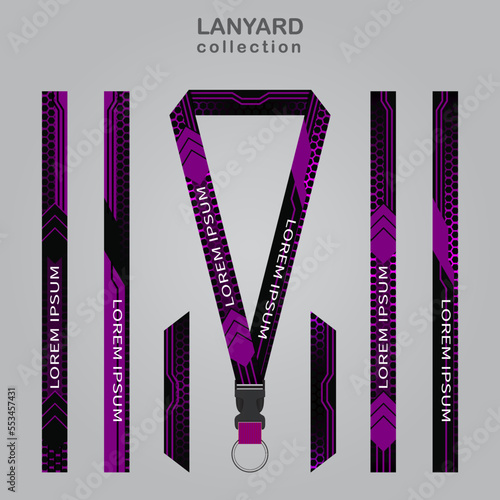Black purple technology lanyard templates set. which is combined with a hexagon background