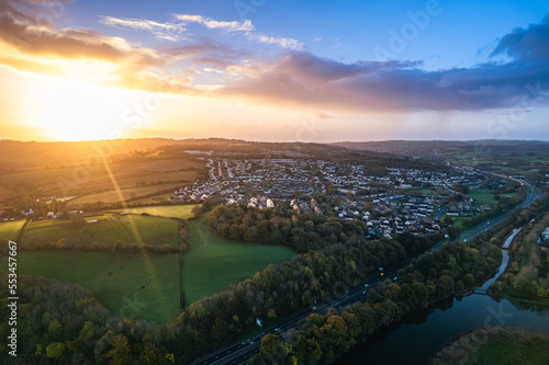 Sunrise over Newton Abbot from a drone, Devon, England, Europe photo