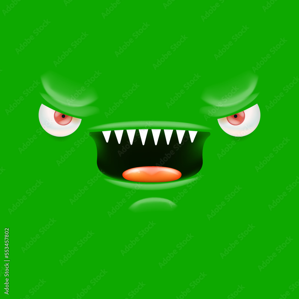 Vector funny angry green monster face with open mouth with fangs and evil eyes isolated on green background. Halloween cute and angry monster design template for poster, banner and tee print Vector funny angry green monster face with open mouth with fangs and evil eyes isolated on green background. Halloween cute and angry monster design template for poster, banner and tee print