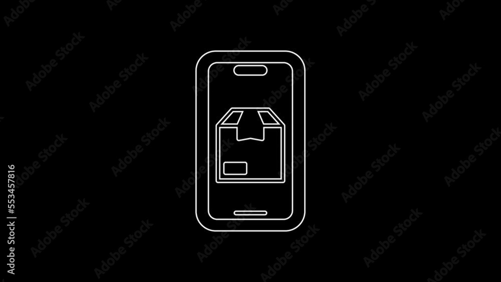 White line Mobile smart phone with app delivery tracking icon isolated on black background. Parcel tracking. 4K Video motion graphic animation White line Mobile smart phone with app delivery tracking icon isolated on black background. Parcel tracking. 4K Video motion graphic animation