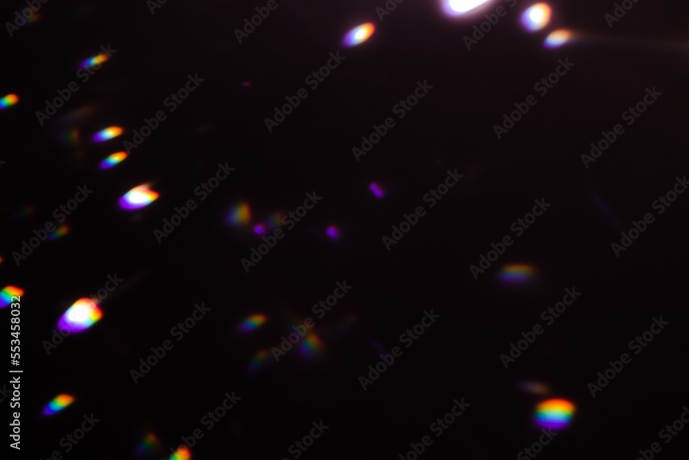 Blur colorful rainbow crystal light leaks on black background. Defocused  abstract multicolored retro film lens flare bokeh analog photo overlay or  screen filter effect. Glow Vintage prism colors Stock Illustration | Adobe