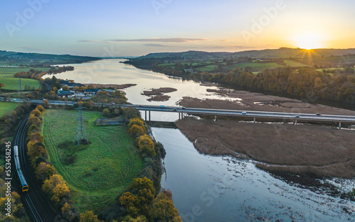 Photos Sunrise over Newton Abbot Bridge and River Teign from a drone, Newton Abbot, , D