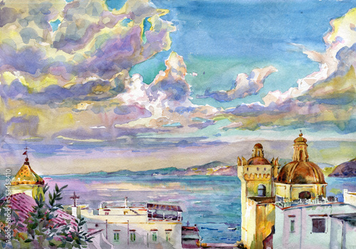 Watercolor painting of the old city landscape. Ischia Italy. Seaview.