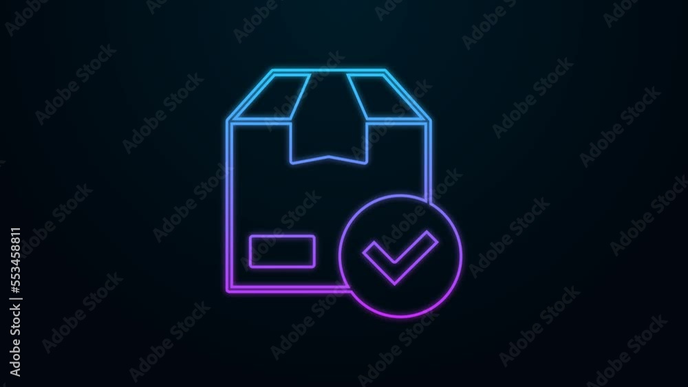Glowing neon line Package box with check mark icon isolated on black background. Parcel box with checkmark. Approved delivery or successful package receipt. 4K Video motion graphic animation Glowing neon line Package box with check mark icon isolated on black background. Parcel box with checkmark. Approved delivery or successful package receipt. 4K Video motion graphic animation