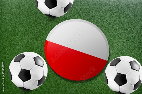 Poland flag. Football or soccer balls on lawn.