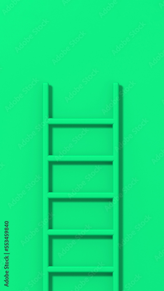 green staircase on green background. Staircase stands vertically near wall. Way to success concept. Vertical image. 3d image. 3D rendering.