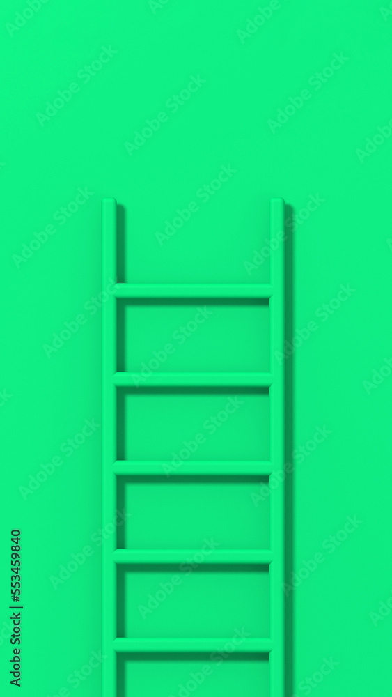 green staircase on green background. Staircase stands vertically near wall. Way to success concept. Vertical image. 3d image. 3D rendering. green staircase on green background. Staircase stands vertically near wall. Way to success concept. Vertical image. 3d image. 3D rendering.