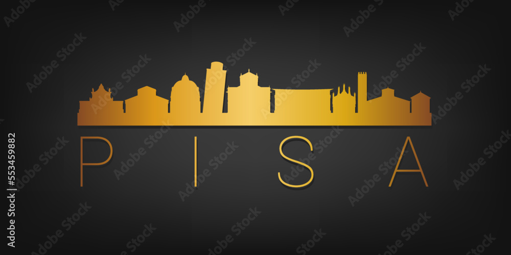 Naklejka premium Gold Skyline City Silhouette Vector. Golden Design Luxury Style Icon Symbols. Travel and Tourism Famous Buildings.