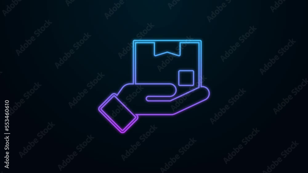 Glowing neon line Delivery hand with cardboard boxes icon isolated on black background. Door to door delivery by courier. 4K Video motion graphic animation Glowing neon line Delivery hand with cardboard boxes icon isolated on black background. Door to door delivery by courier. 4K Video motion graphic animation