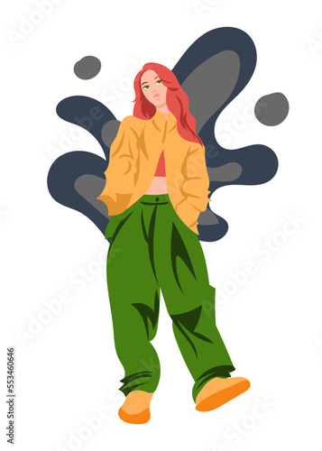 Happy slim woman in big trousers. Confident young girl dressed in street style, oversized, sportswear, long hair, trendy clothes, hipster casual outfits. Flat vector illustration.