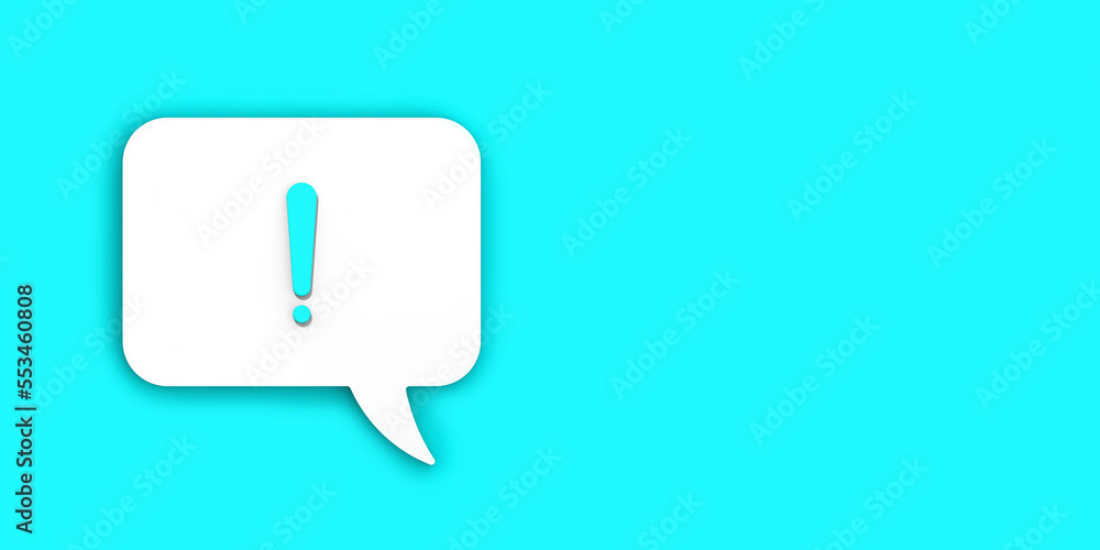 blue exclamation mark on a white message board. Alarm signal in the phone. Danger alert. Message on a blue background. Horizontal image. Banner for insertion into site. 3D image. 3D rendering. blue exclamation mark on a white message board. Alarm signal in the phone. Danger alert. Message on a blue background. Horizontal image. Banner for insertion into site. 3D image. 3D rendering.