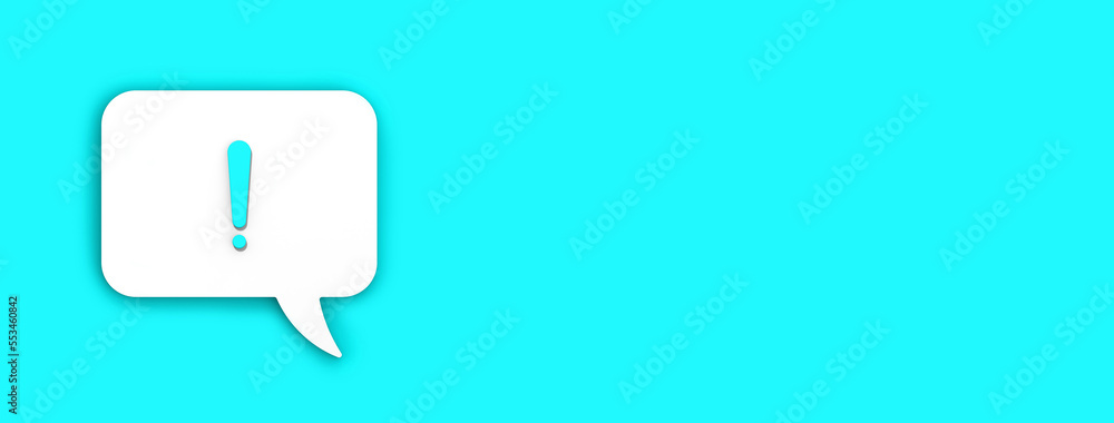 blue exclamation mark on a white message board. Alarm signal in the phone. Danger alert. Message on a blue background. Horizontal image. Banner for insertion into site. 3D image. 3D rendering. blue exclamation mark on a white message board. Alarm signal in the phone. Danger alert. Message on a blue background. Horizontal image. Banner for insertion into site. 3D image. 3D rendering.