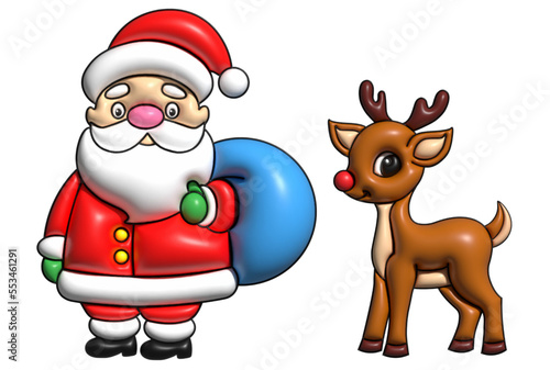 Santa Claus with deer and Christmas presents. 3d vector icon. 3d illustration 3d render © robitu