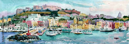 Watercolor painting of the seaside town. Procida, Italy. Wide web banner.	