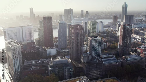 The Red Apple High Rise Building On Wijnhaven Island In Rotterdam, Netherlands. Aerial Shot photo