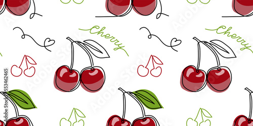 Vector cherry seamless pattern. Hand drawn illustration of summer fruit. One continuous line art drawing of cherry pattern