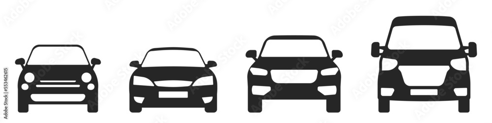 Simple car icon collection isolated on a white background. Front view symbol of auto, vehicle, automobile, sedan, van. Transport, car sharing, or delivery concept icons. Flat style vector illustration - obrazy, fototapety, plakaty 