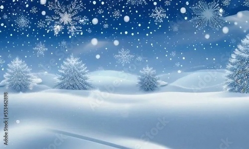 winter landscape with snow covered trees and snowfall, snowdrifts and snowflakes with new year and merry Christmas greeting copy space, background,