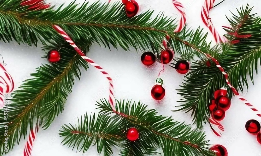 christmas tree decoration with tree fir and red Christmas small baubles on white background 