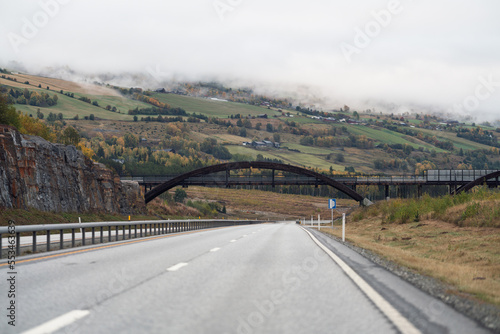 Wooden bridge construction over highway in Norway.