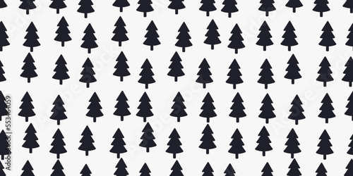 Black Christmas trees on a white background. Vector decor and print, stylish design of seamless surfaces. Textured pattern.