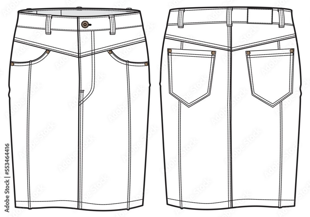 womens denim skirt flat sketch vector illustration front and back view