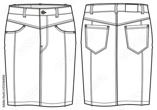 womens denim skirt flat sketch vector illustration front and back view jean skirt technical cad drawing template