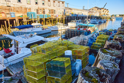 Crates for fishing lobsters in piles at Portland Maine port