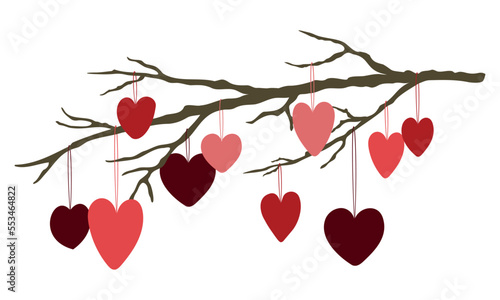 Valentines Day card design. Tree branch with hanging colored hearts