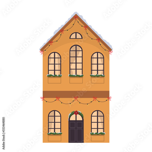 Winter building facade with Christmas decoration, garland and cozy windows. Architecture with Christmas ornament. Flat vector illustration isolated on white background