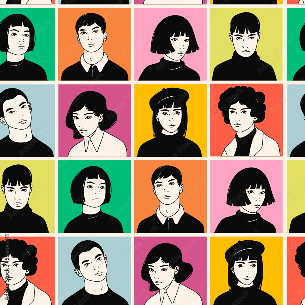 Portraits of Teenage boys and girls. Young people look at the camera. Cute characters. Cartoon comic asian style. Hand drawn trendy Vector illustration. Square seamless Pattern, background, wallpaper Portraits of Teenage boys and girls. Young people look at the camera. Cute characters. Cartoon comic asian style. Hand drawn trendy Vector illustration. Square seamless Pattern, background, wallpaper