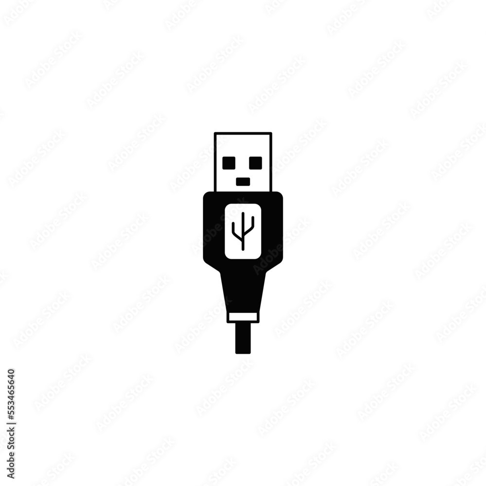 USB cable icon in black flat glyph, filled style isolated on white background USB cable icon in black flat glyph, filled style isolated on white background