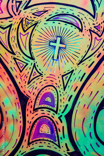 Jesus religious vibrant glowing artwork pattern on wall photo