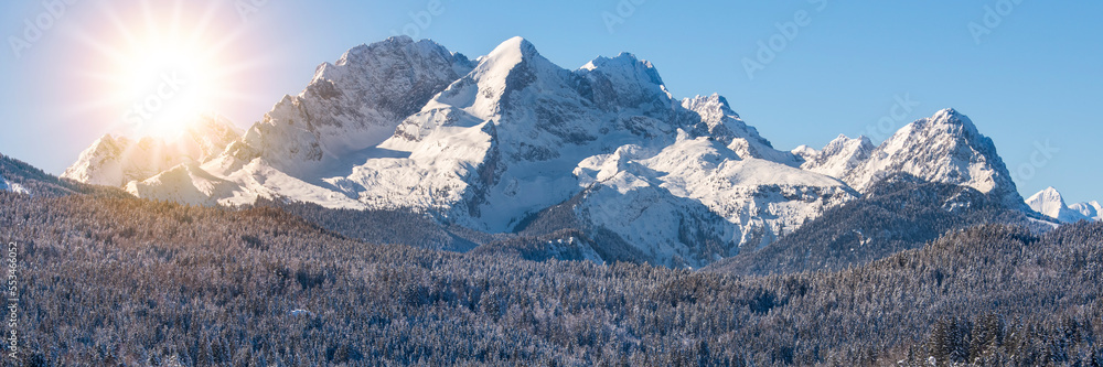 panoramic view to mountain range with summit Zugspitze
