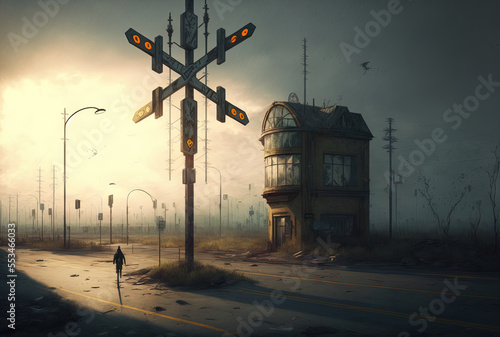 Overlooking a road crossroads is a semaphore. Generative AI