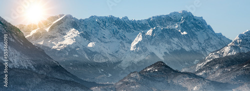 panoramic view to mountain range with summit Zugspitze