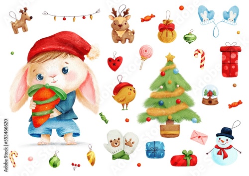 Set of clipart for New Year and Christmas. Hare with a gift, Christmas tree, Christmas decorations, candy, gifts, garlands, mittens, deer