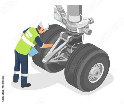 Aircraft engineer checking landing gear technicians service engineering maintenance airplane airport worker isometric isolated on white
