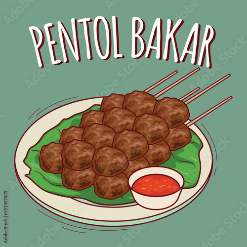Pentol Bakar illustration Indonesian food with cartoon style photo