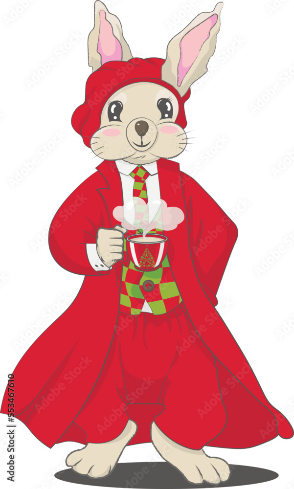 A gentleman rabbit in a red suit and beret, checkered vest, and a cup of coffee in his hands