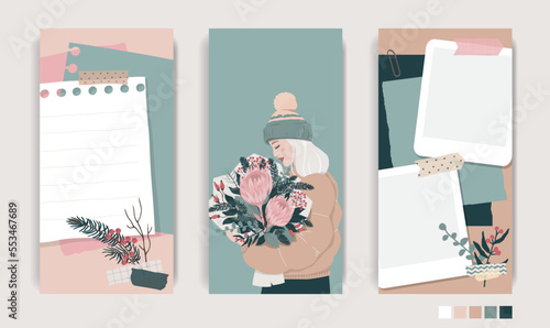 Design for social media. Set of winter stories templates. Mockup for personal blog. Scrapbook composition with notes paper, tapes, flowers elements and photo frame.