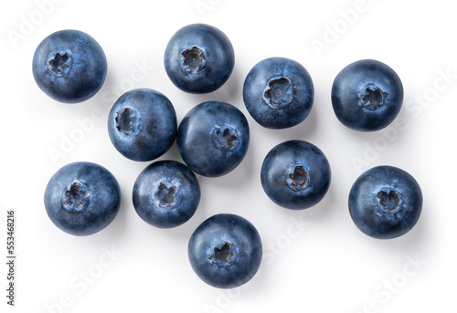 Blueberry isolated. Blueberries top view. Blueberry flat lay on white background with clipping path.