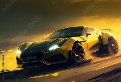 Sport coupe in yellow driving in the dusk. Generative AI © 2rogan