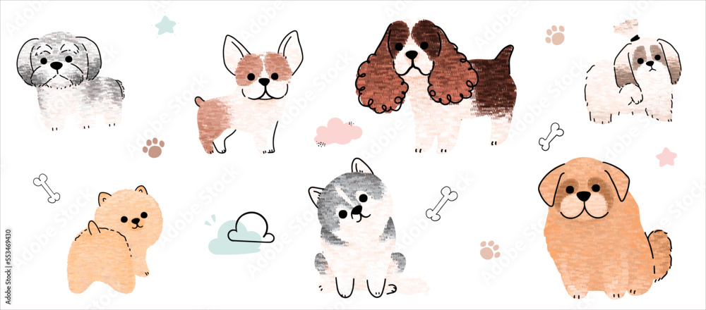 Cute dogs vector set. Cartoon dog or puppy characters design collection with flat color in different poses. Set of funny pet animals isolated on white background.